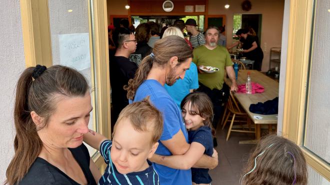 People queued for dinner