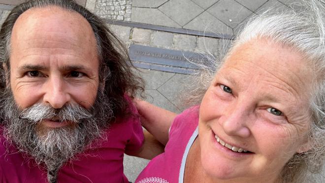 Karen and Greg at a Berlin wall place marker