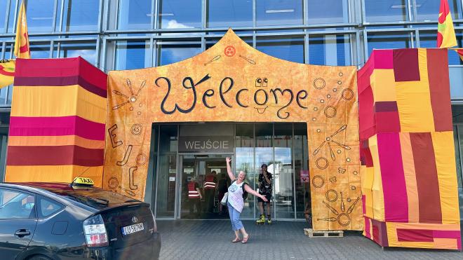 &ldquo;Karen under the EJC welcome banner&rdquo;