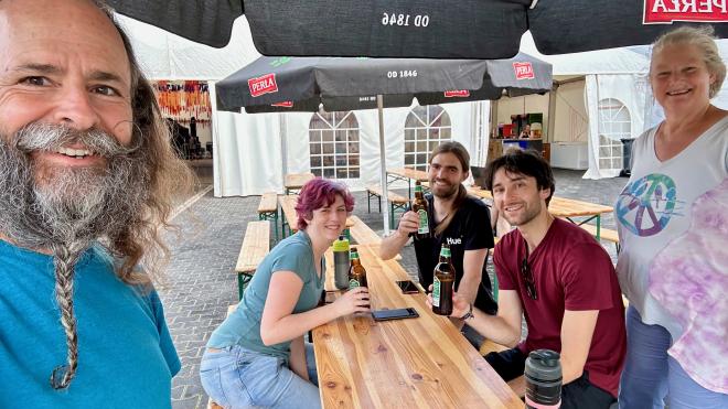 &ldquo;a selfie with five people, three drinking beer&rdquo;