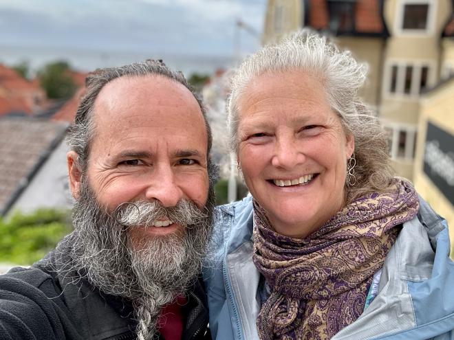 &ldquo;selfie of Karen and Greg with medieval city roofs in the background&rdquo;