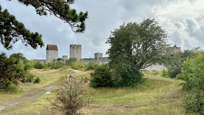 &ldquo;a medieval town wall with dramatic clouds, viewed across a field&rdquo;