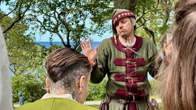 &ldquo;A man in traditional medieval jesters garb with a grimace on his face&rdquo;