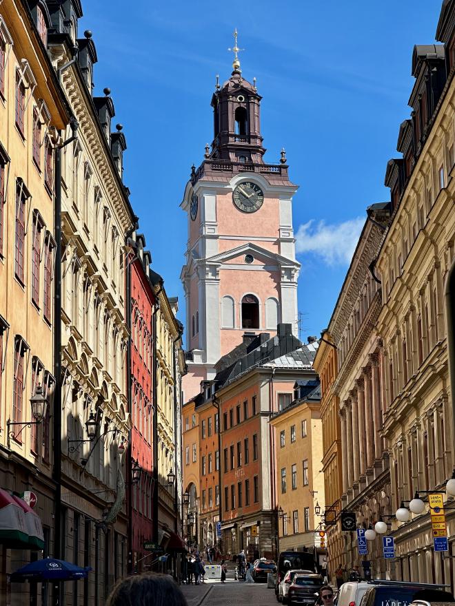 &ldquo;a pink church tower framed by four story buildings&rdquo;